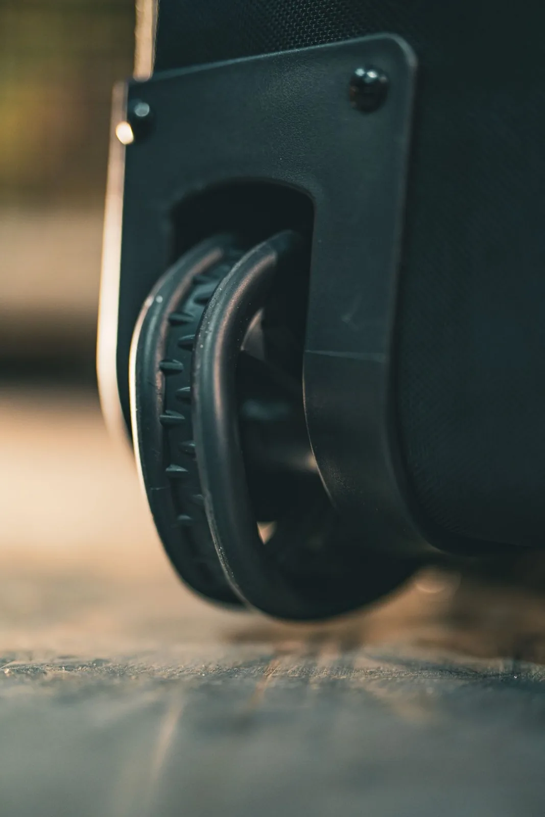 Close-up of the four-inch Shark Wheels on warehouse concrete