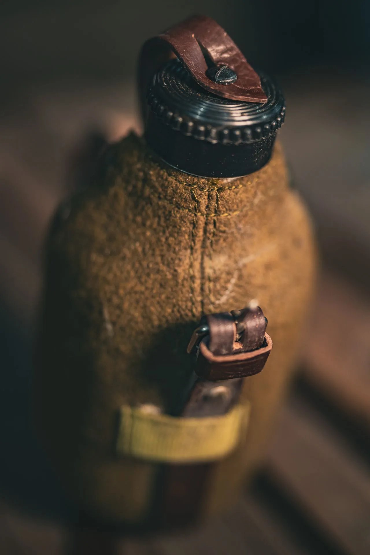 Top view of the Romanian canteen showing the black bakelite screw cap and the leather cap tether